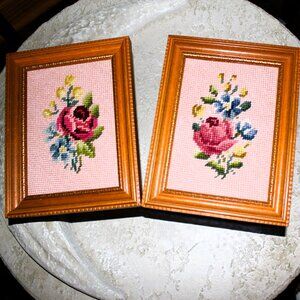 Adorable Pair of Rose Floral Handmade Vintage Needlepoint Crochet Wall Artwork